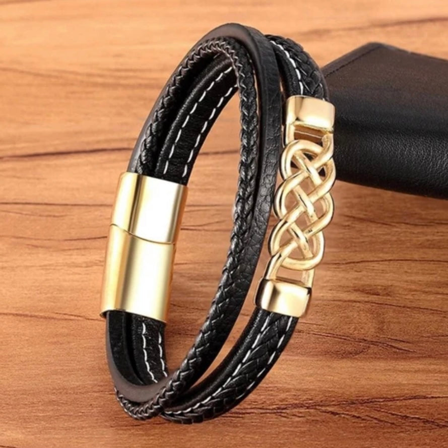 Stainless Steel Black Leather Punk Design Multi Layer Bracelet Wrap