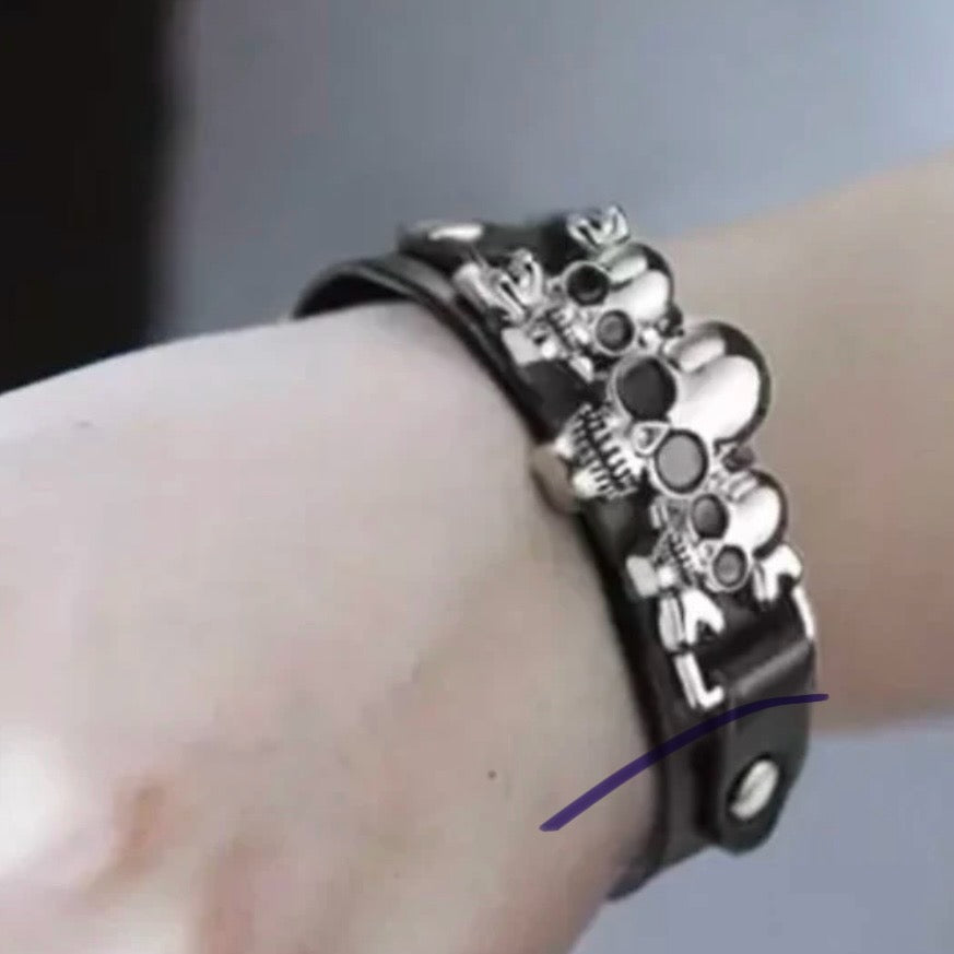 Cool Punk Skeleton Skull Leather Belt Style Bracelet Cuff