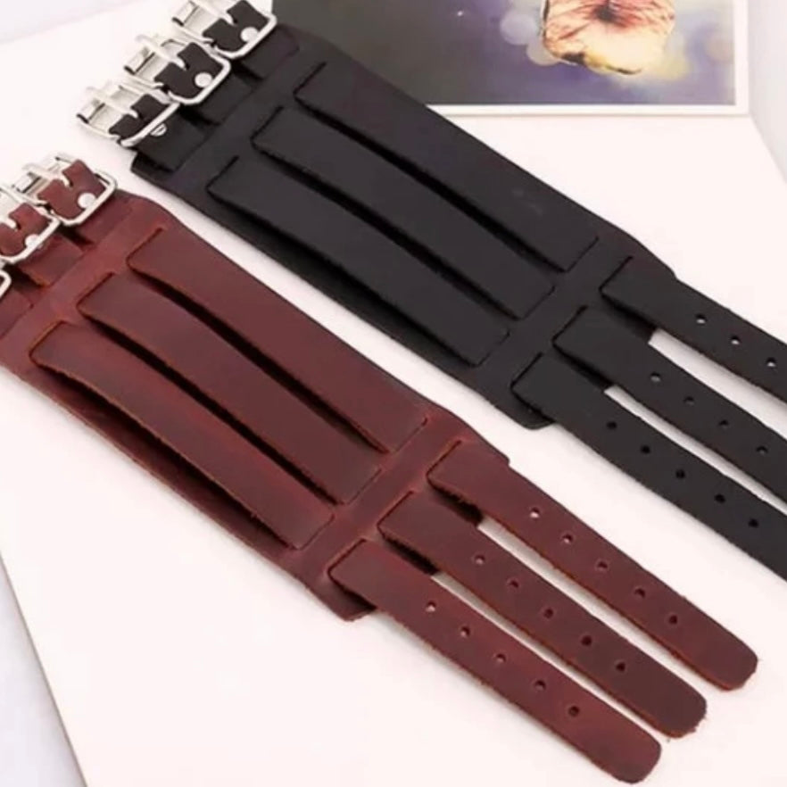 Fashion Punk Vintage Triple Rivet Wide Leather Bracelet in Black or Brown Leather