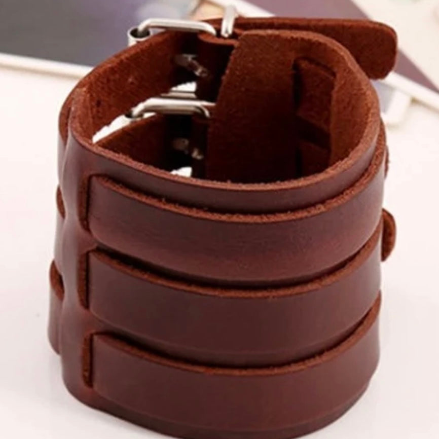 Fashion Punk Vintage Triple Rivet Wide Leather Bracelet in Black or Brown Leather