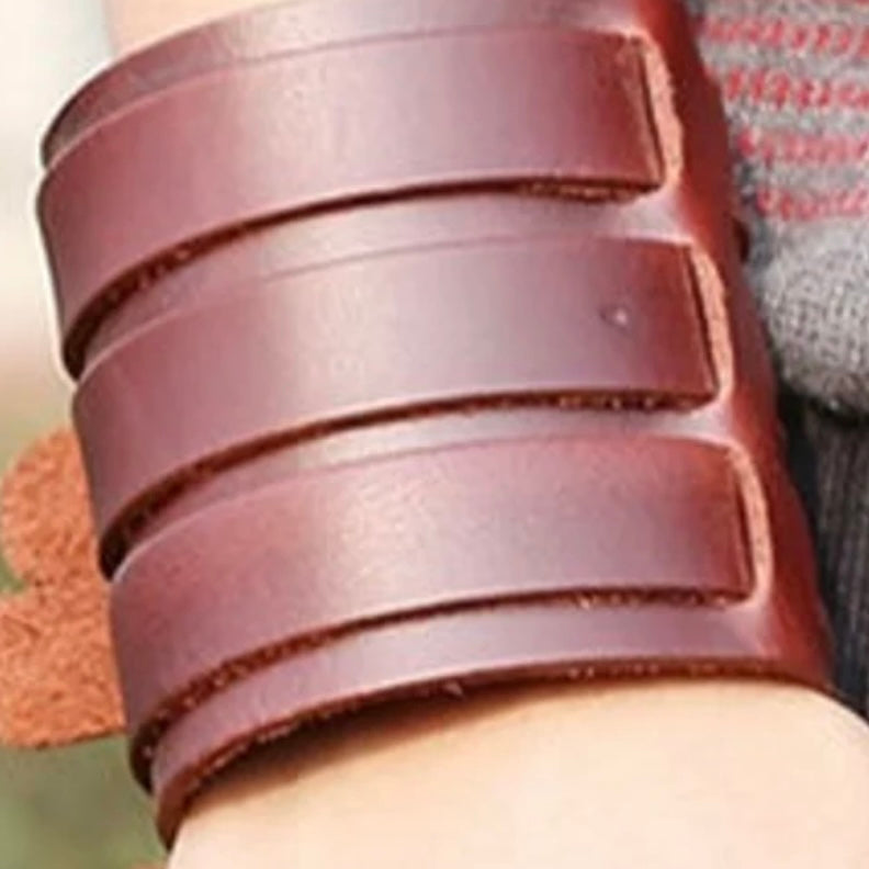 Fashion Punk Vintage Triple Rivet Wide Leather Bracelet in Black or Brown Leather