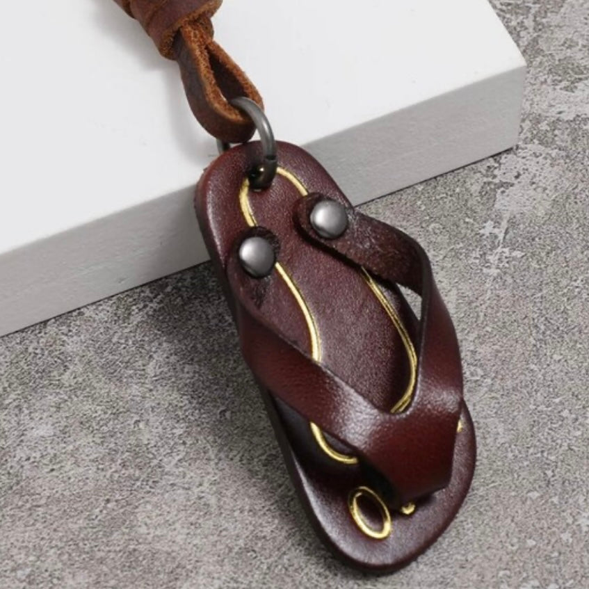 Brown or Light Brown Leather Flip-Flop Pendant on Brown Leather Rope Necklace