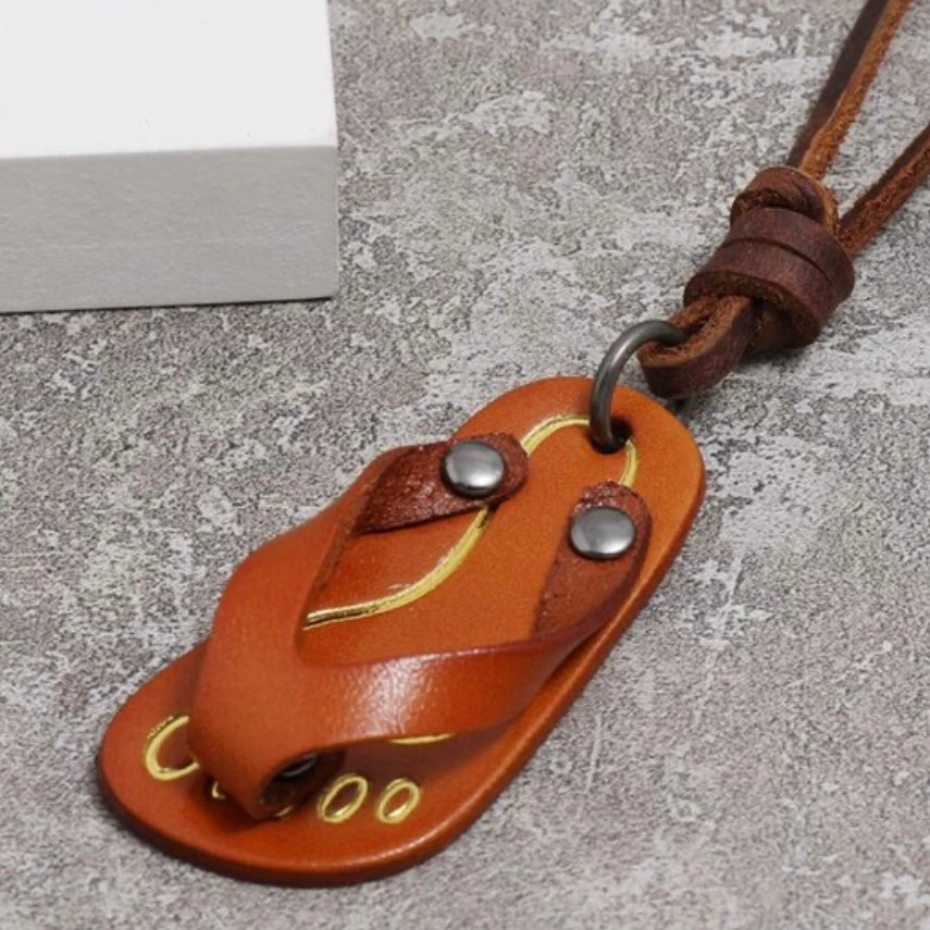 Brown or Light Brown Leather Flip-Flop Pendant on Brown Leather Rope Necklace