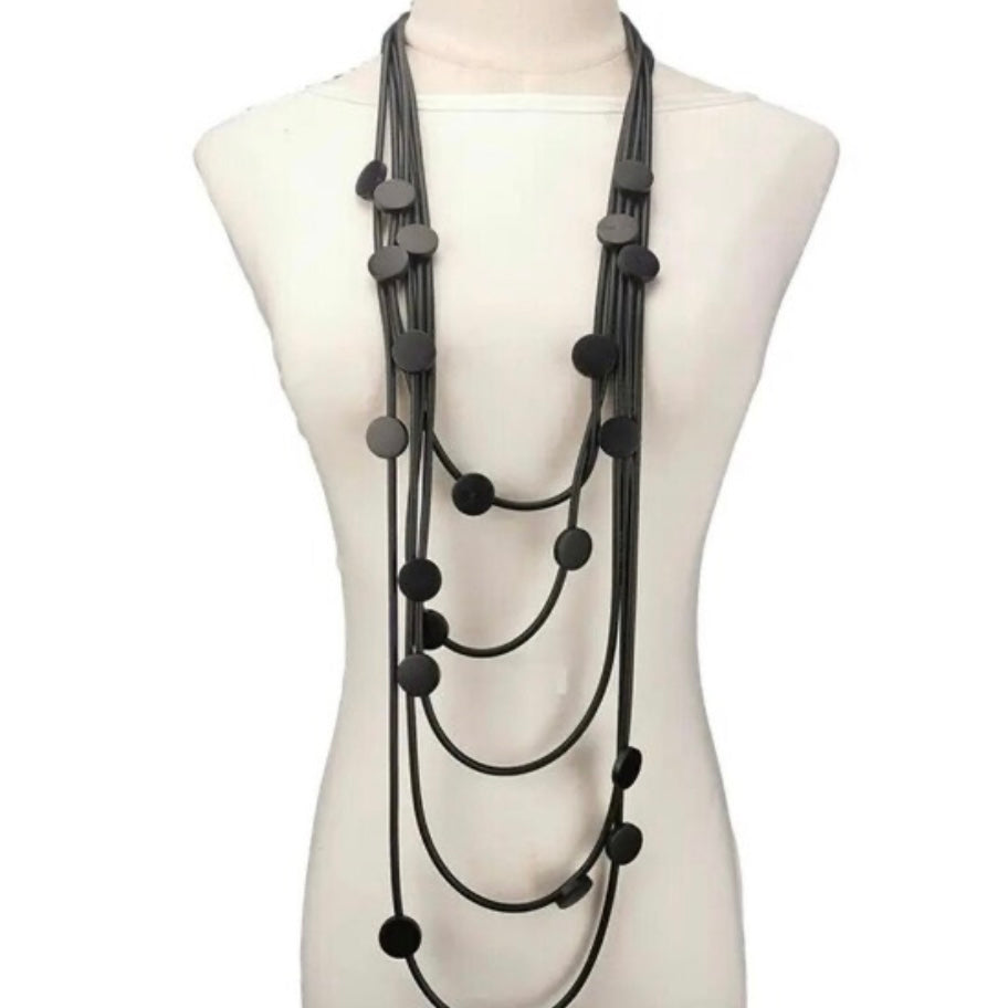 Gothic Retro Multi Layered Rubber Long Sweater Chain Wooden Circular Pendant Necklace