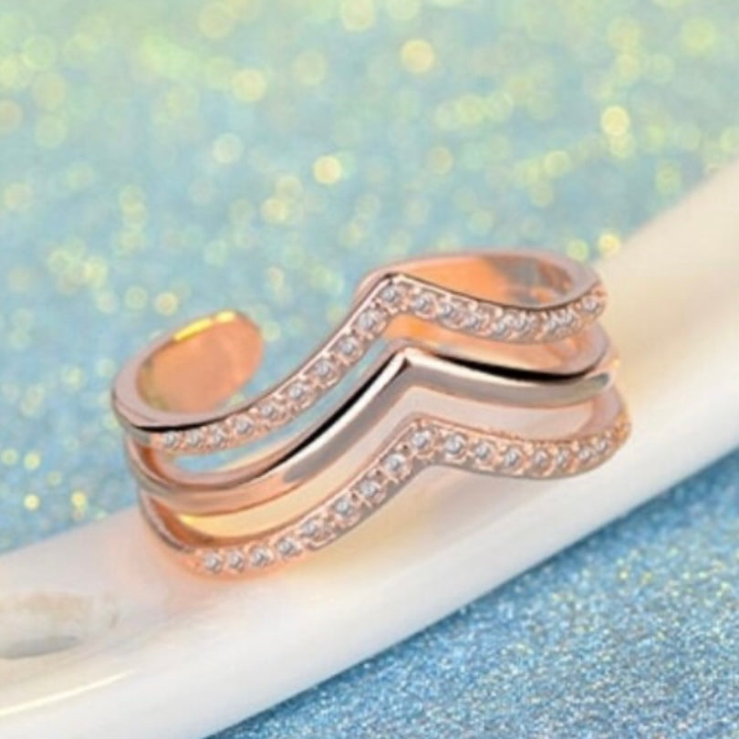 Triple Layered Mosaic Cubic Zirconia Adjustable Ring in Silver or Rose Gold Plated