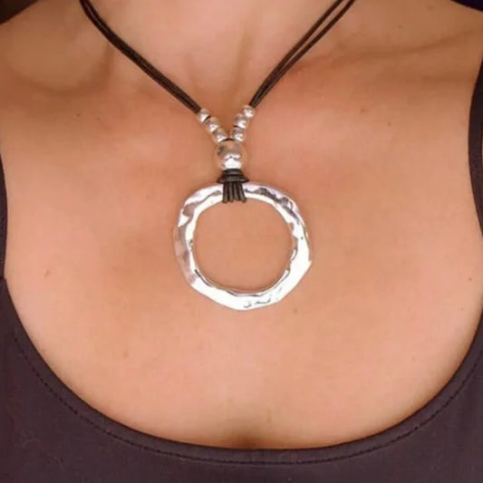 Bohemian Black Leather Double Sided Circle Charm Sweater Necklace