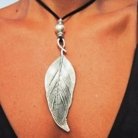 Bohemian Black Leather Double Sided Leaf Charm Long Sweater Necklace