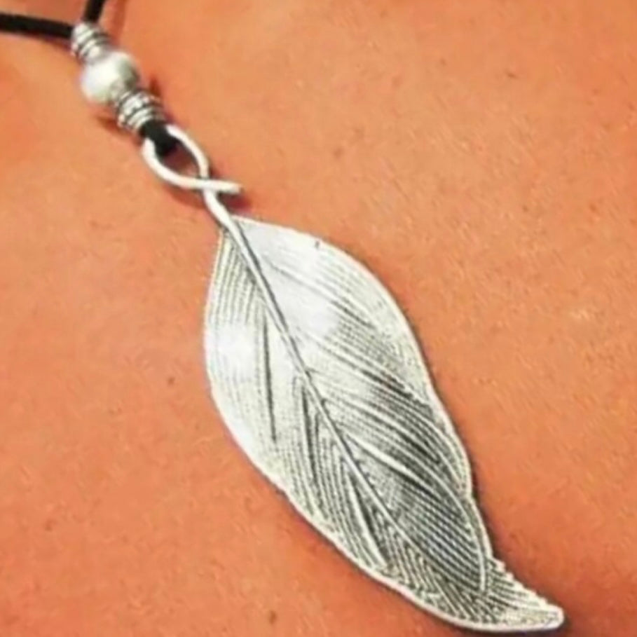 Bohemian Black Leather Double Sided Leaf Charm Long Sweater Necklace