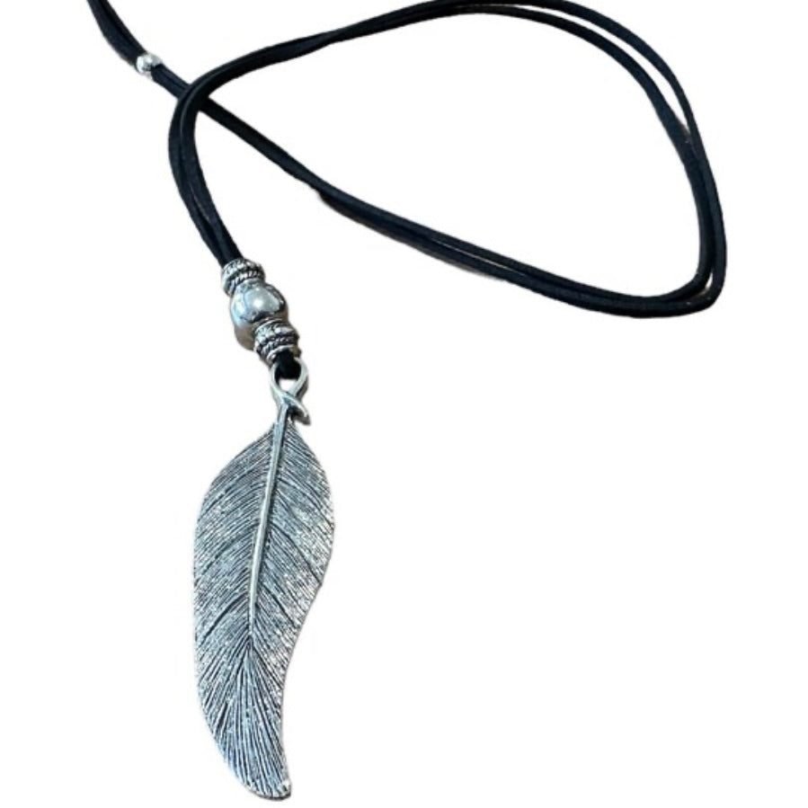 Bohemian Black Leather Double Sided Leaf Charm Long Sweater Necklace