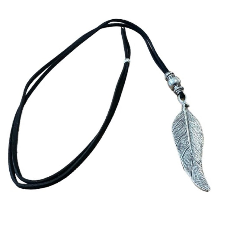 Bohemian Black Leather Double Sided Leaf Charm Long Sweater Necklace