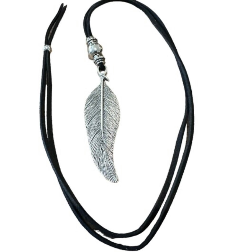 Bohemian Black Leather Double Sided Leaf Charm Long Sweater Necklace