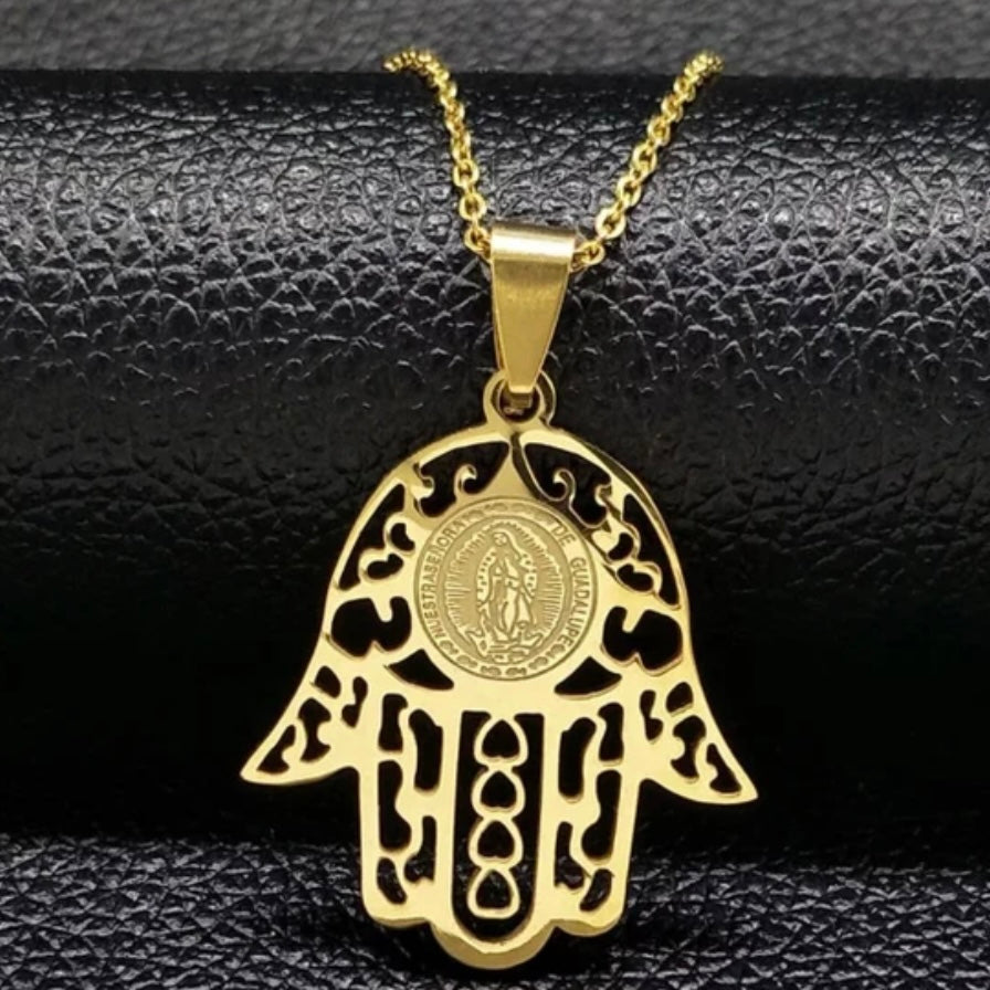 Jesus Stainless Steel Gold Colour Hamsa Hand Pendant Necklace