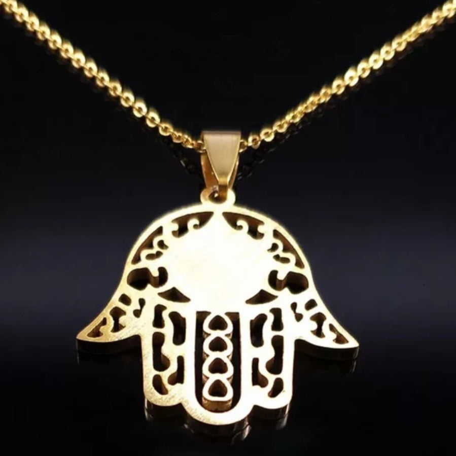 Jesus Stainless Steel Gold Colour Hamsa Hand Pendant Necklace