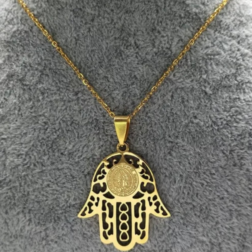 Jesus Stainless Steel Gold Colour Hamsa Hand Pendant Necklace