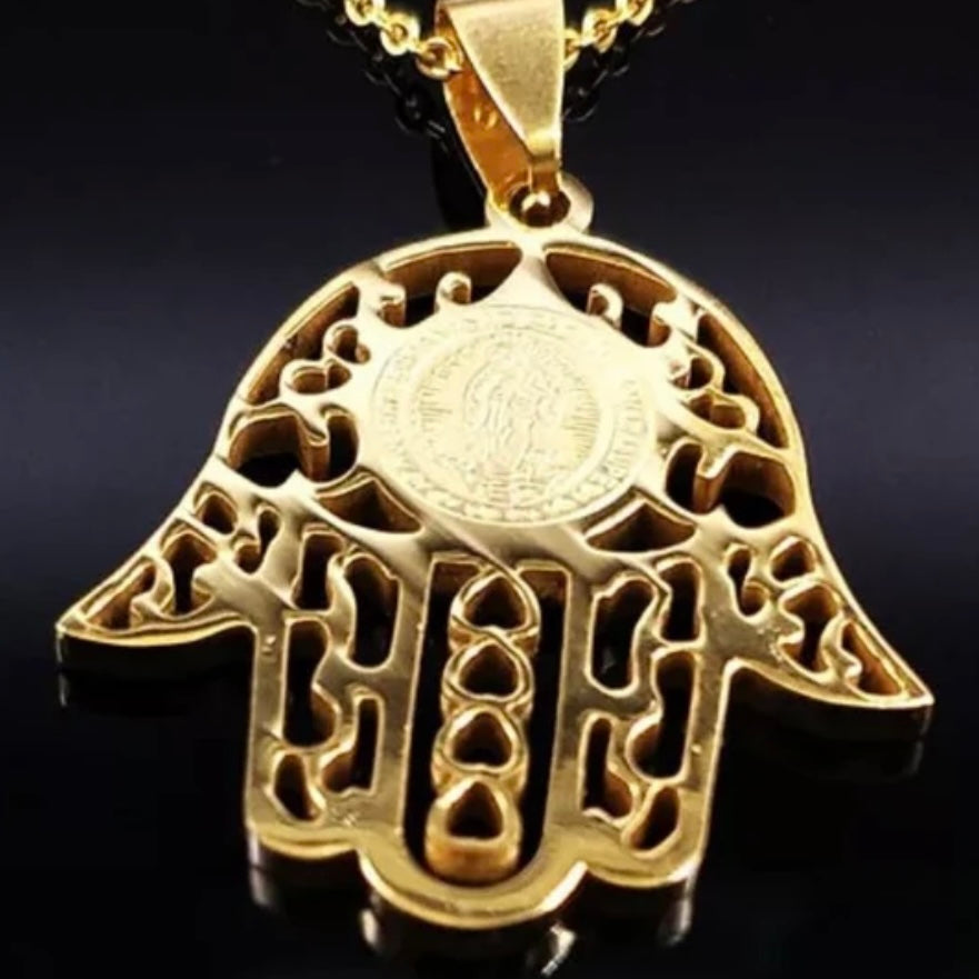 Jesus Stainless Steel Gold Colour Hamsa Hand Pendant Necklace