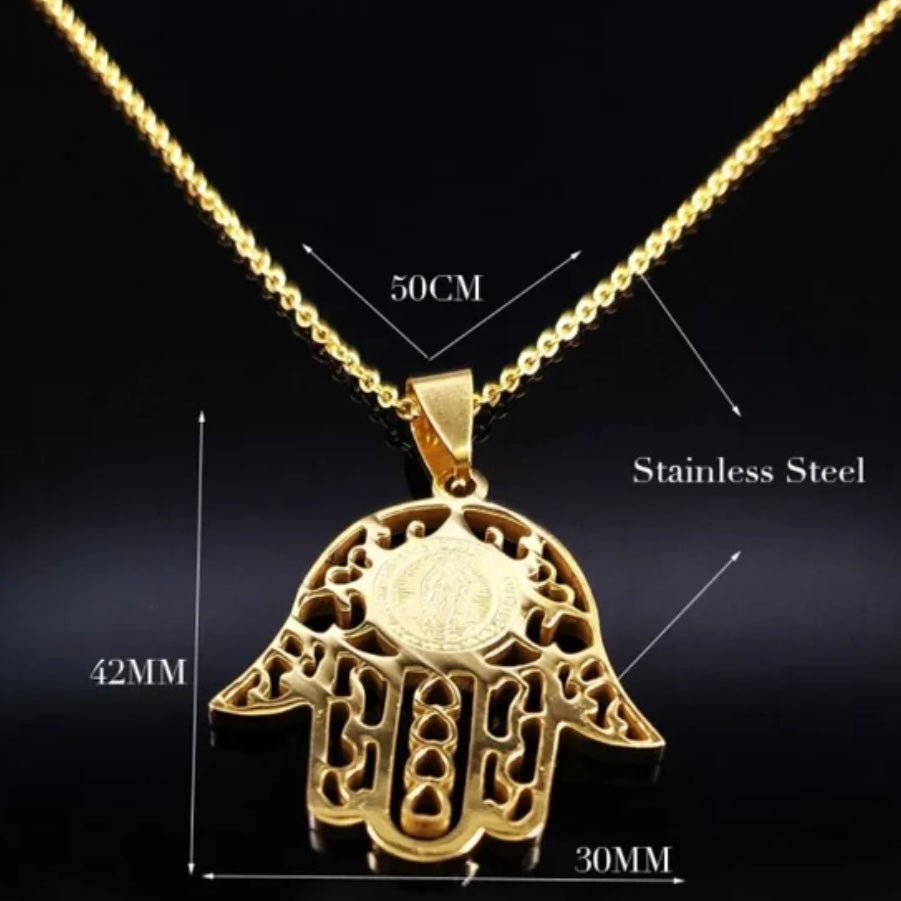 Jesus Stainless Steel Gold Colour Hamsa Hand Pendant Necklace