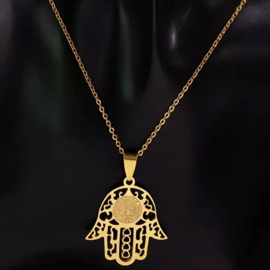 Jesus Stainless Steel Gold Colour Hamsa Hand Pendant Necklace