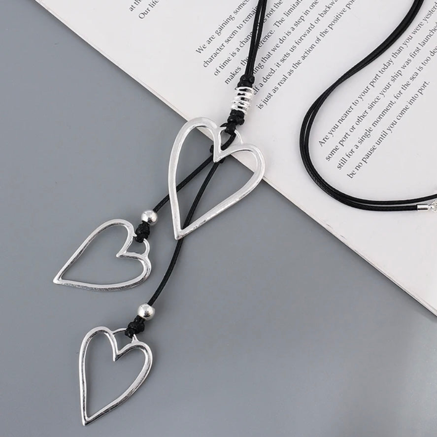 Triple Heart Silver Statement Pendant Long Black Necklace