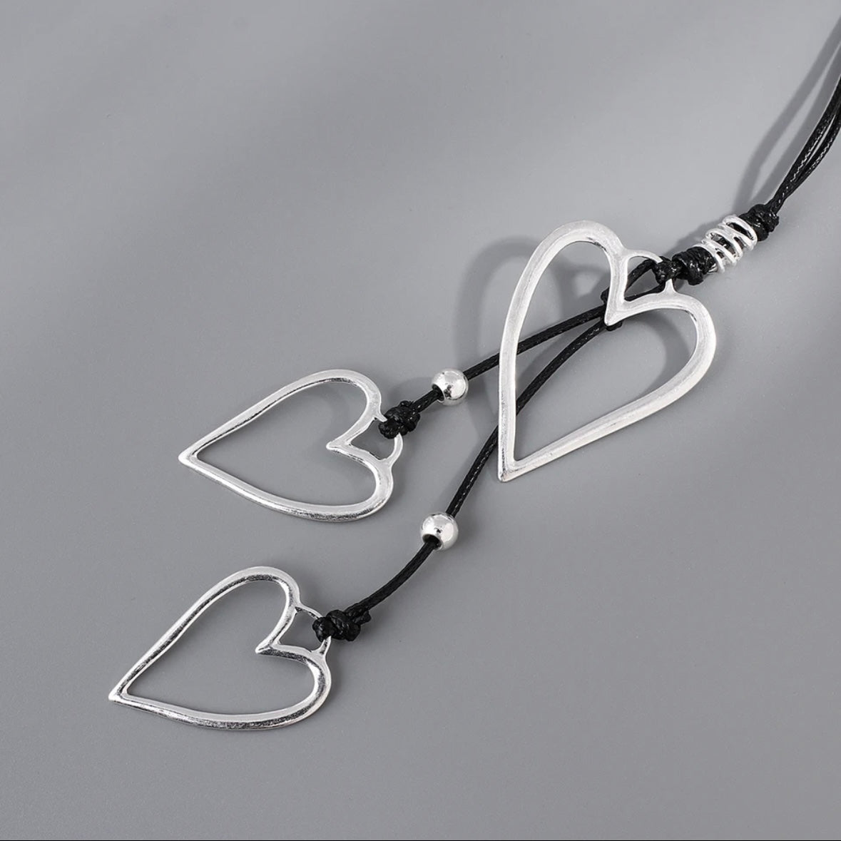 Triple Heart Silver Statement Pendant Long Black Necklace