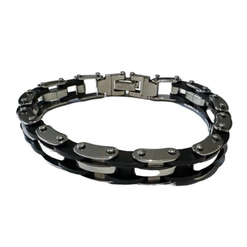 Stainless Steel Light Weight Silicon Link Chain Silver Black Bracelet