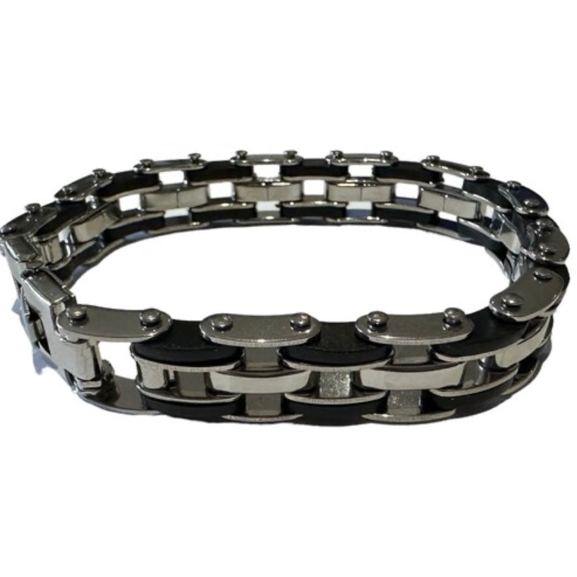 Stainless Steel Light Weight Silicon Link Chain Silver Black Bracelet