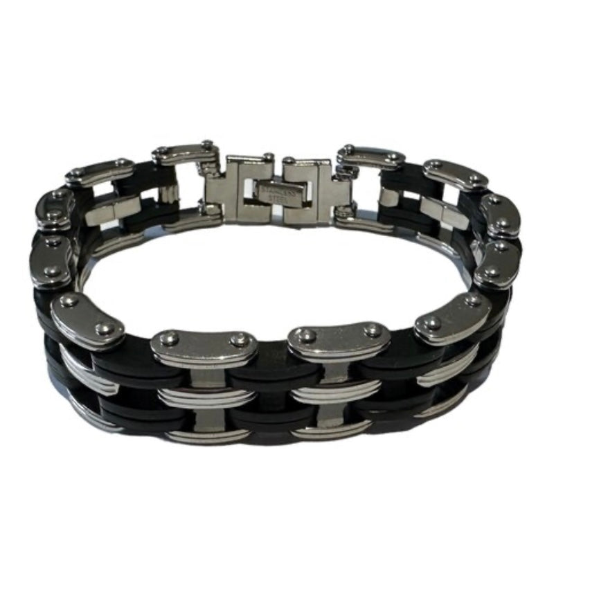 Stainless Steel Light Weight Silicon Link Chain Silver Black Bracelet