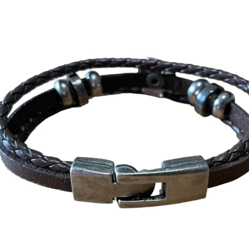 Easy Hook Cross Charm Leather Wrap Cuff Bracelet Available in Black or Brown Leather