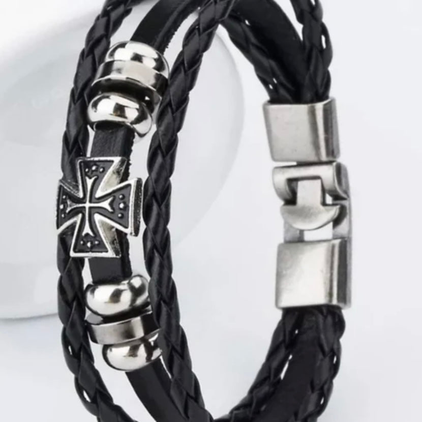 Easy Hook Cross Charm Leather Wrap Cuff Bracelet Available in Black or Brown Leather