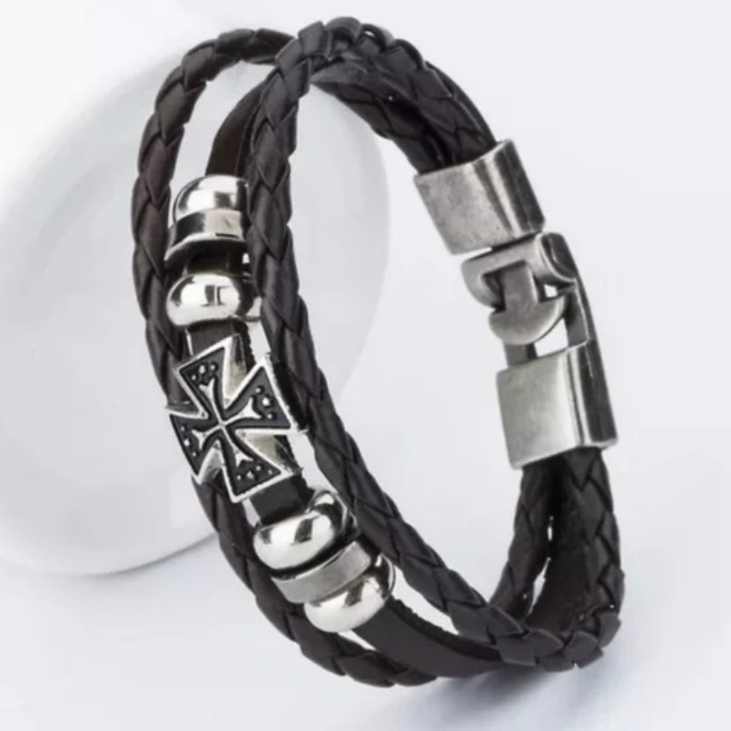 Easy Hook Cross Charm Leather Wrap Cuff Bracelet Available in Black or Brown Leather