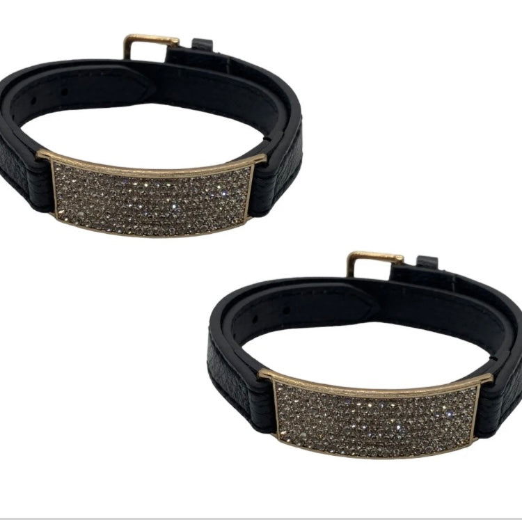 Black Leather Diamante Silver and Gold Wrap Bracelet