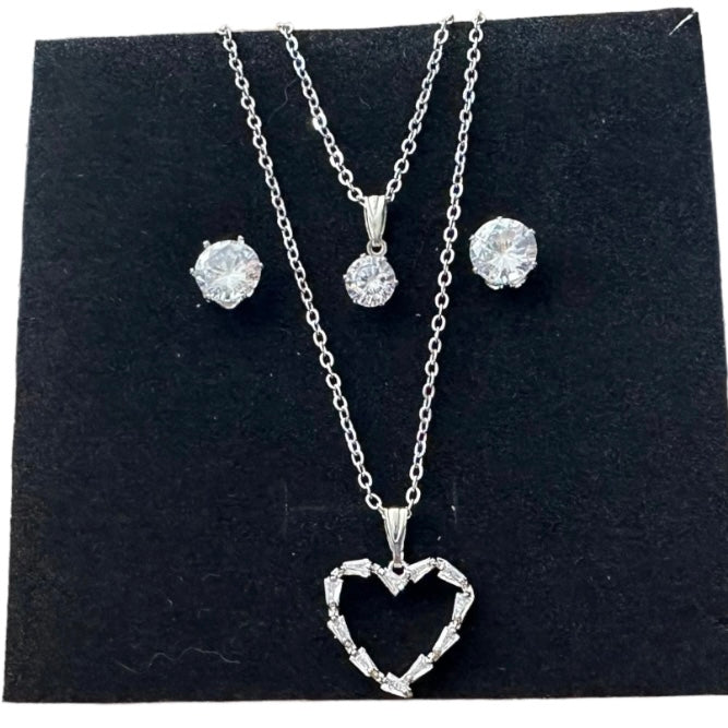 Double Pendant Heart and Clear Crystal Stone Necklace with a Pair of Clear Crystal Stone Matching Stud Earrings