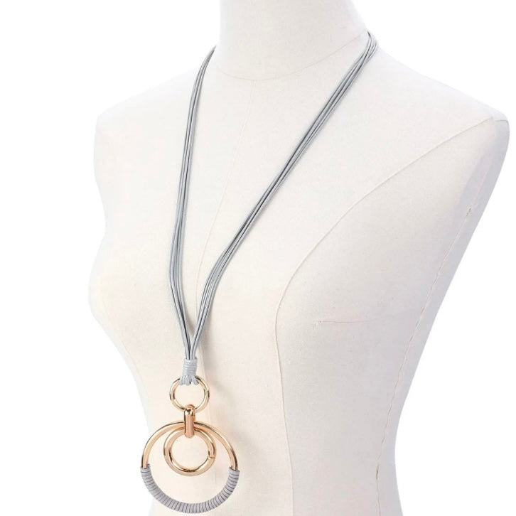 Stylish Long Leather Necklace with Large Double Circle Sweater Pendant Chain