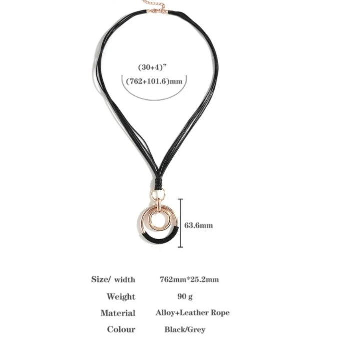 Stylish Long Leather Necklace with Large Double Circle Sweater Pendant Chain