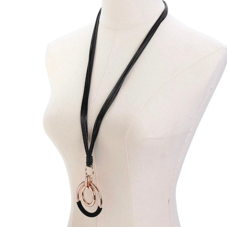 Stylish Long Leather Necklace with Large Double Circle Sweater Pendant Chain