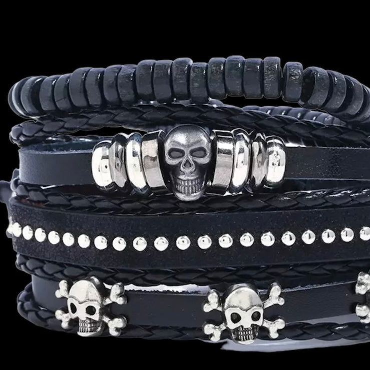 4 Layered/PCS Braided Wrap Multi Skull Leather Black Bracelet