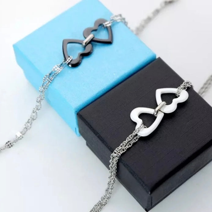 Beautiful Ceramic Double Heart Stainless Steel Bracelet with Free Velvet Pouch