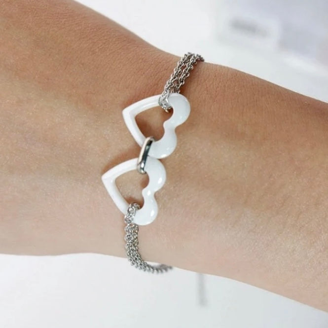 Beautiful Ceramic Double Heart Stainless Steel Bracelet with Free Velvet Pouch