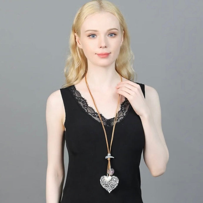 Double Brown Leather Long Chain Suspension Metal Multi Love Heart Pendant Necklace