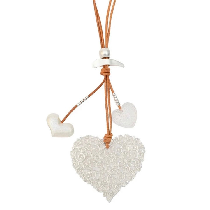 Double Brown Leather Long Chain Suspension Metal Multi Love Heart Pendant Necklace