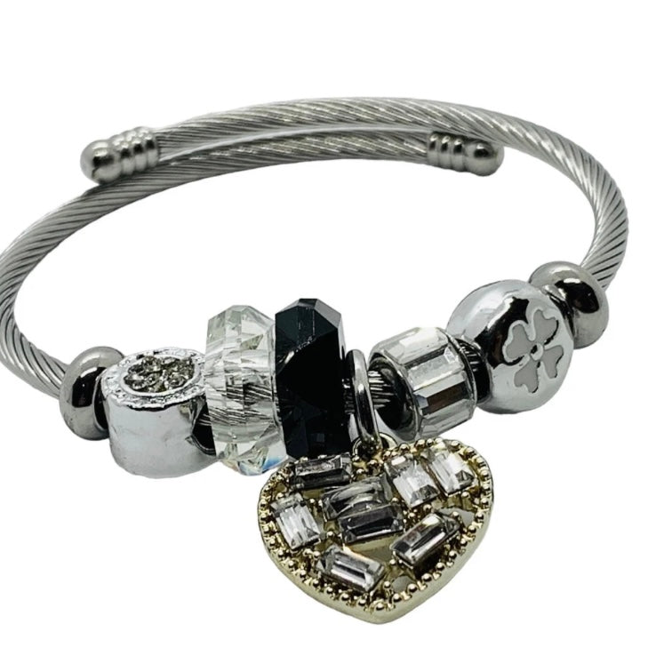 Diamante Twisted Cable Heart & Mixed Charm Adjustable Bangle Bracelet