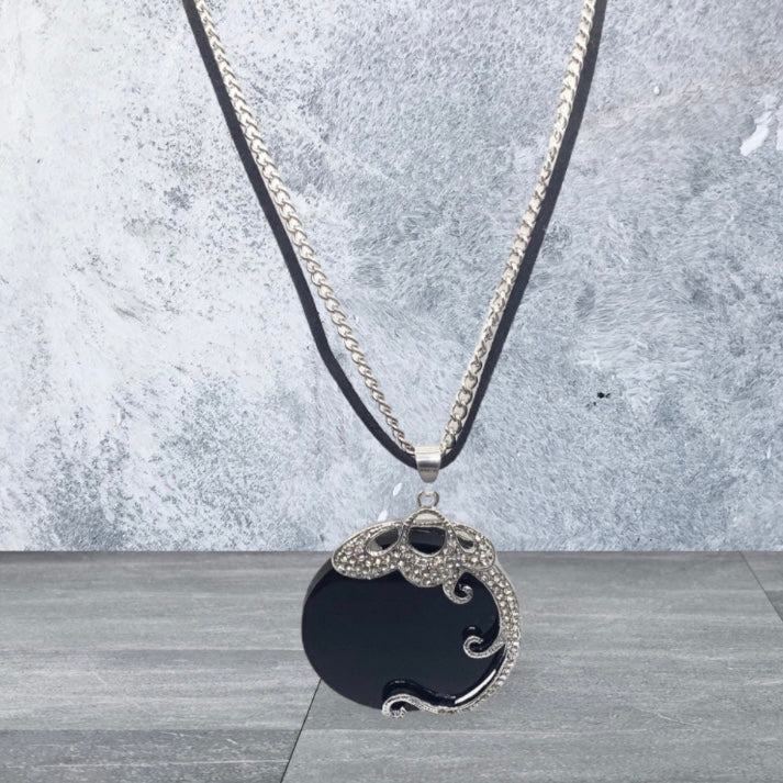 Long Silver and Black Suede-Style Necklace with Round Black Pendant Encrusted with Clear Crystals