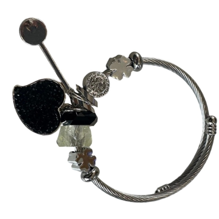 Twisted Cable Heart & Mixed Charm Adjustable Bangle Bracelet