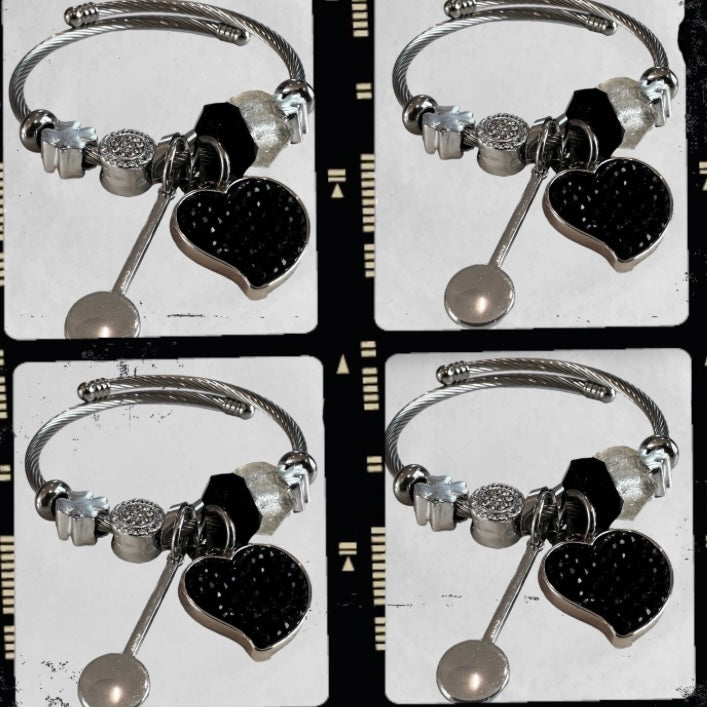 Twisted Cable Heart & Mixed Charm Adjustable Bangle Bracelet