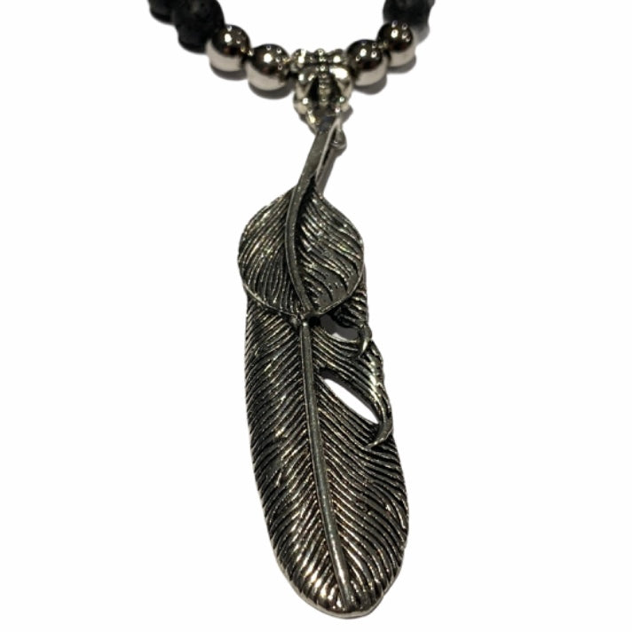 Black Beads Stainless Steel Feather or Arrow Pendant Necklace