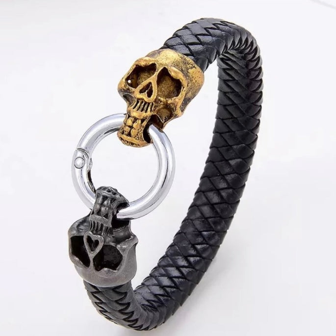 Punk Gold & Black Skull Heads with Black Braided Leather wrap Chain Spring Buckle Bracelet