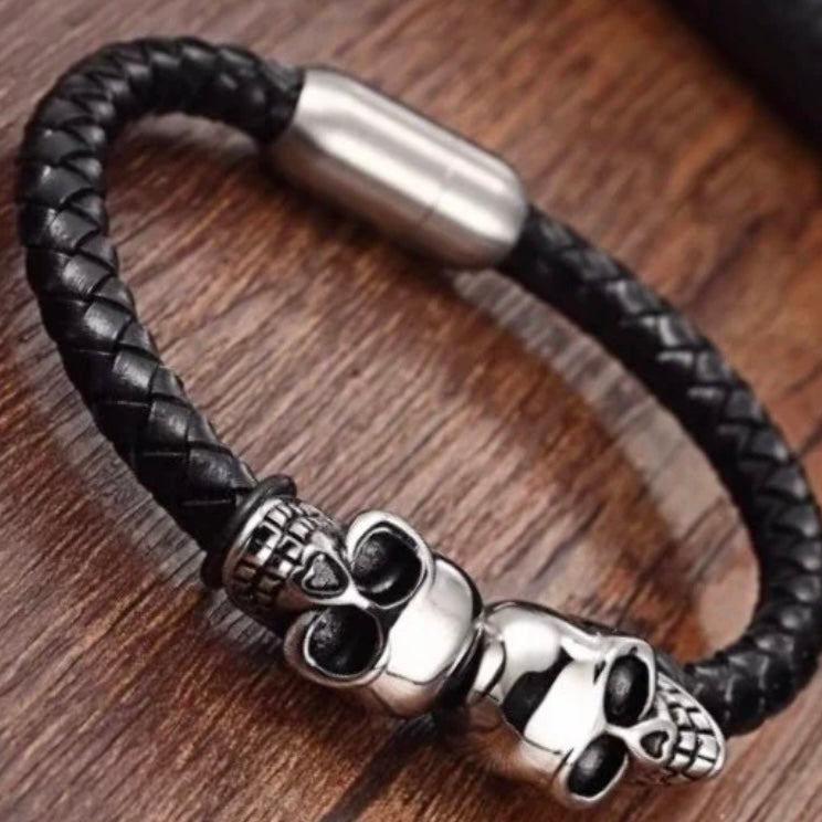 Skull Skeleton Design Charm Stainless Steel Black leather Bracelet Cuff