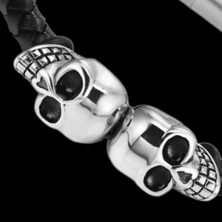 Skull Skeleton Design Charm Stainless Steel Black leather Bracelet Cuff