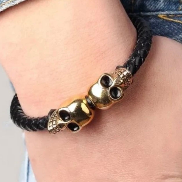 Skull Skeleton Design Charm Stainless Steel Black leather Bracelet Cuff