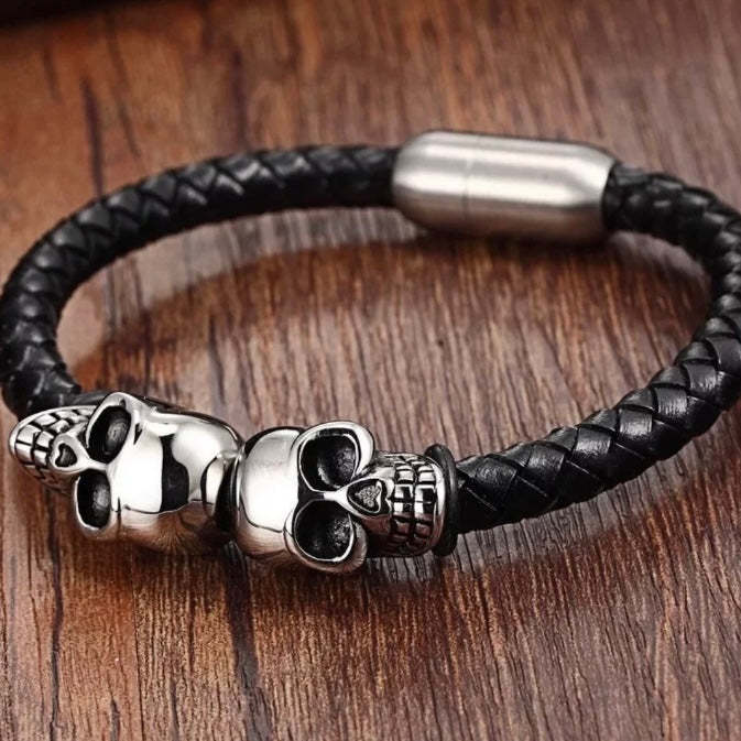 Skull Skeleton Design Charm Stainless Steel Black leather Bracelet Cuff