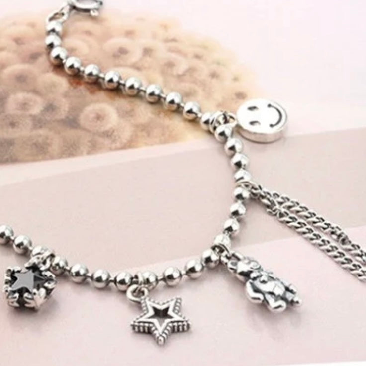 Lovely Handmade Bear Star Smiling Face Tassel Charms with Bead Chain Bracelet